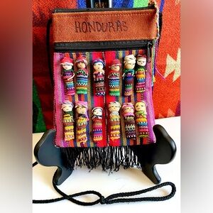 Handmade Honduras Worry Doll Purse Leather Crossbody Fringe Boho Folk Art Bag